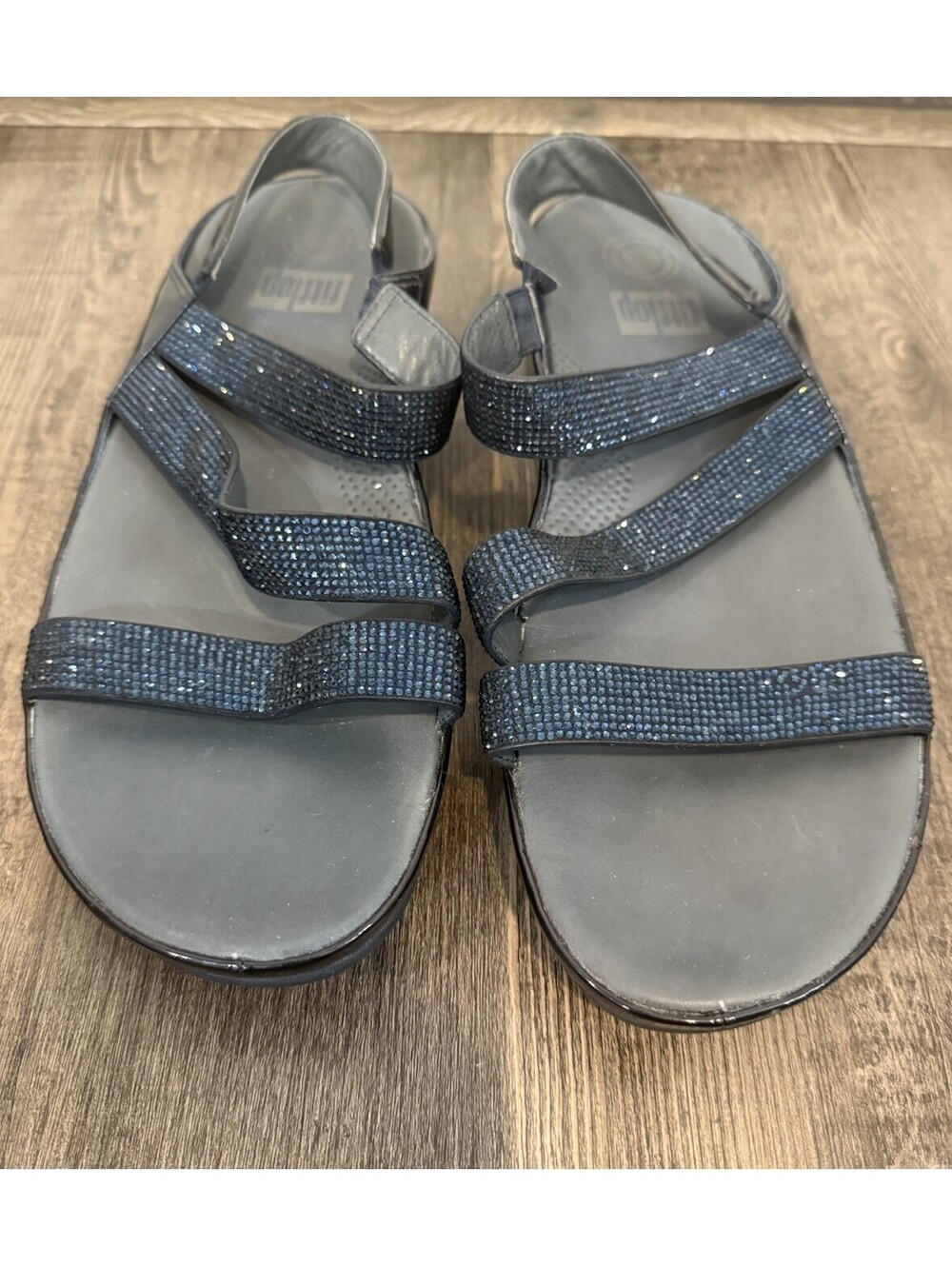 FitFlop Crystal Z-Strap Sandals Womens Sz 10 Blue Rhinestone Shoe Slip On